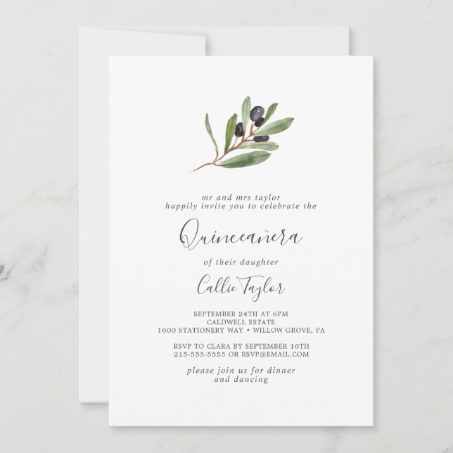 Modern Olive Branch Quinceañera Invitation (Front)