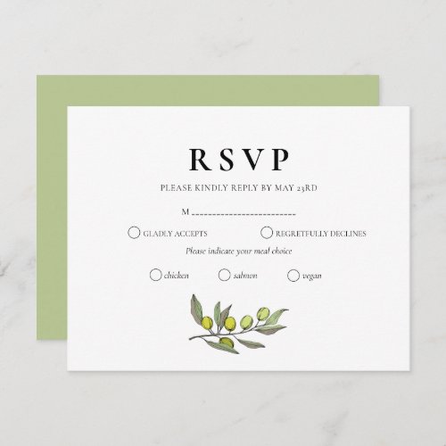 Modern Olive branch RSVP card with meal choice