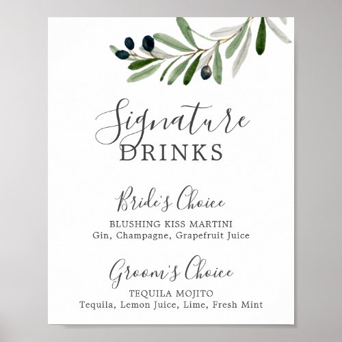 Modern Olive Branch Signature Drinks Sign