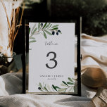 Modern Olive Branch Table Number<br><div class="desc">This modern olive branch table number is perfect for a boho wedding. The rustic yet elegant design features simple watercolor botanical green leaves and black olives on a small branch with a classic mediterranean feel. The card prints on the front and back (double-sided). Items are printed exactly as they appear...</div>