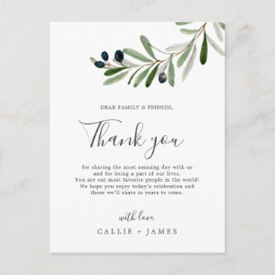 Modern Olive Branch Thank You Reception Card