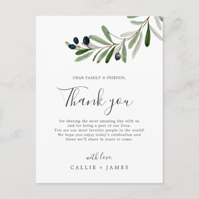 Modern Olive Branch Thank You Reception Card (Front)