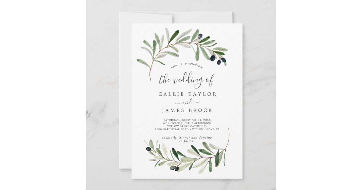 Botanical Olive Branch Elegant Monogram Wedding Invitation