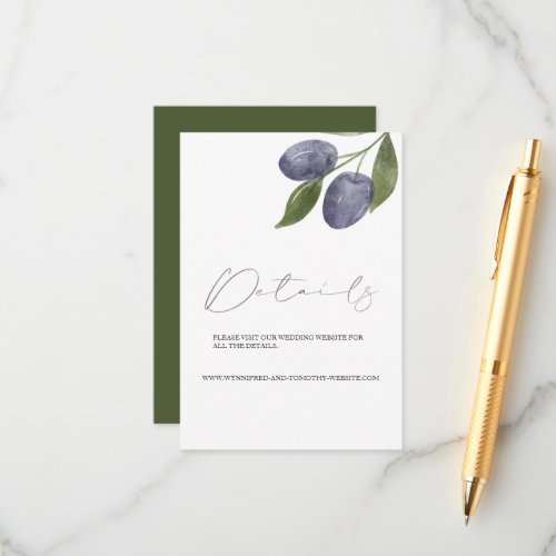 Modern Olive branch watercolor wedding details Enclosure Card