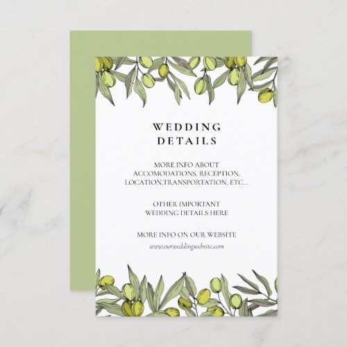 Modern Olive branch wedding details card