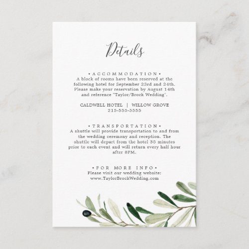 Modern Olive Branch Wedding Details Enclosure Card