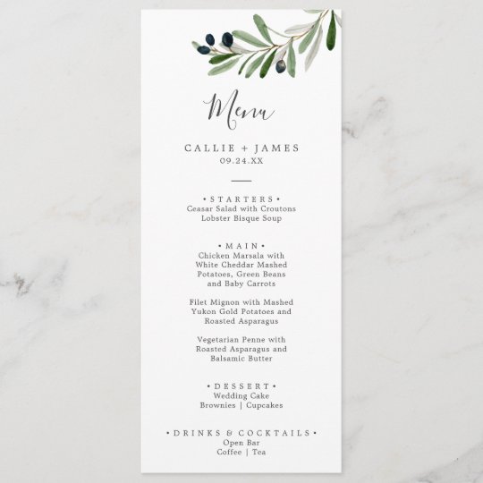 Modern Olive Branch Wedding Dinner Menu