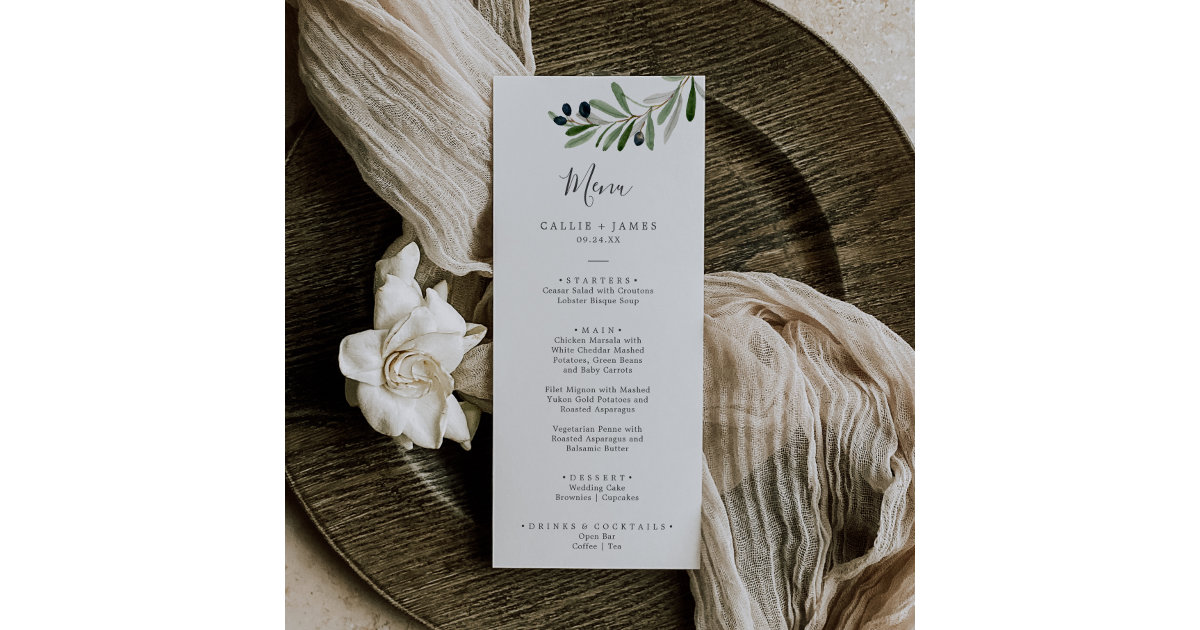 Modern Olive Branch Wedding Dinner Menu | Zazzle