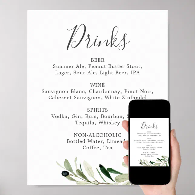 Modern Olive Branch Wedding Drinks Menu Sign Zazzle