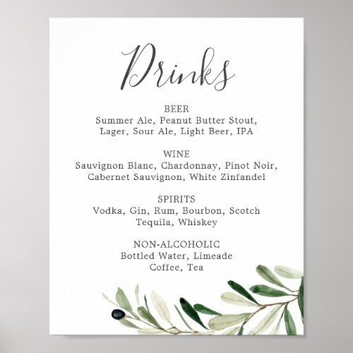 Modern Olive Branch Wedding Drinks Menu Sign
