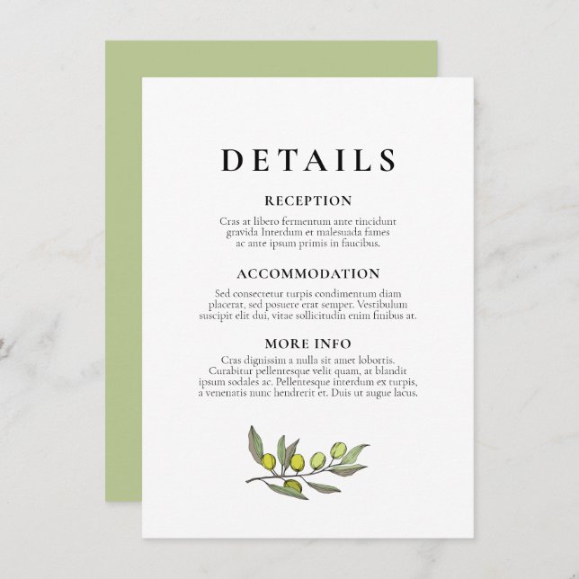 Modern Olive branch wedding guest information Enclosure Card (Front/Back)