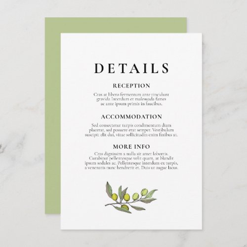 Modern Olive branch wedding guest information Enclosure Card