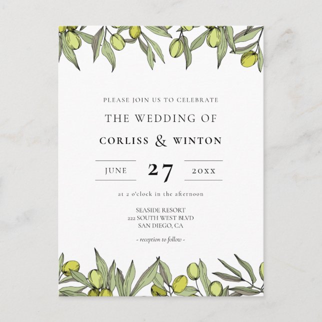 Modern Olive branch wedding invitation Postcard (Front)
