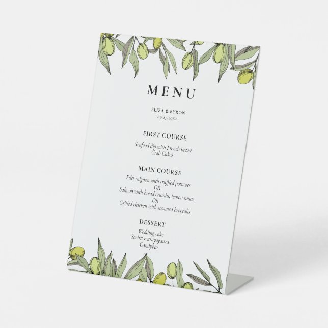 Modern Olive branch wedding menu Pedestal Sign (Front)