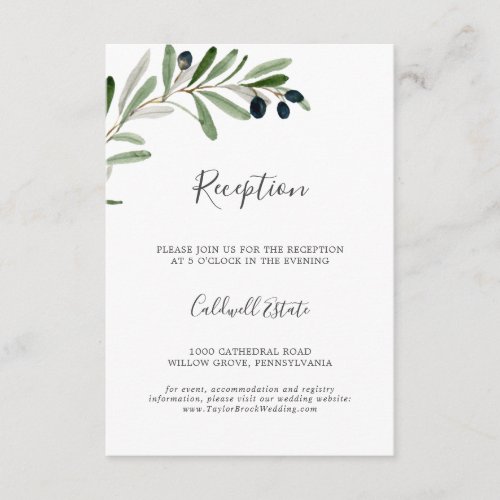 Modern Olive Branch Wedding Reception Insert Card