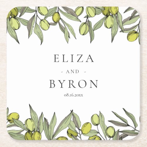 Modern Olive branch wedding Square Paper Coaster