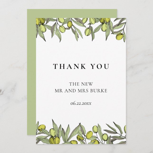 Modern Olive branch wedding Thank You Card (Front/Back)