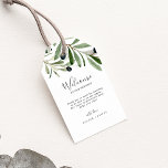 Modern Olive Branch Wedding Welcome Gift Tags<br><div class="desc">These modern olive branch wedding welcome gift tags are perfect for a boho wedding. The rustic yet elegant design features simple watercolor botanical green leaves and black olives on a small branch with a classic mediterranean feel. Personalize the tags with the location of your wedding, a short welcome note, your...</div>