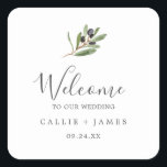 Modern Olive Branch Wedding Welcome Square Sticker<br><div class="desc">These modern olive branch wedding welcome stickers are perfect for a boho wedding. The rustic yet elegant design features simple watercolor botanical green leaves and black olives on a small branch with a classic mediterranean feel. Personalize these stickers with the location of your wedding, names, and wedding date. These labels...</div>