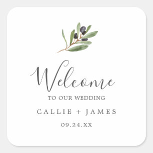 Modern Olive Branch Wedding Welcome Square Sticker