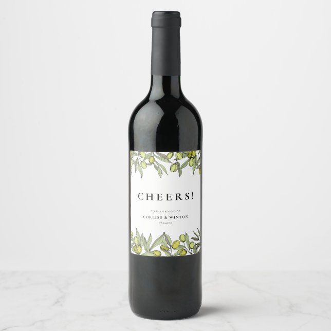 Modern Olive branch wedding Wine Label (Front)