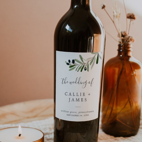 Modern Olive Branch Wedding Wine Label