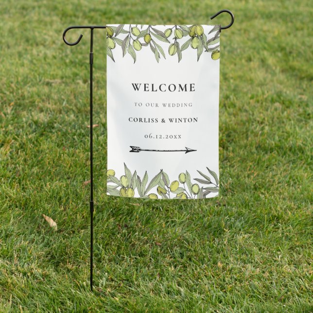 Modern Olive branch Welcome to our wedding  Garden Flag (In SItu)
