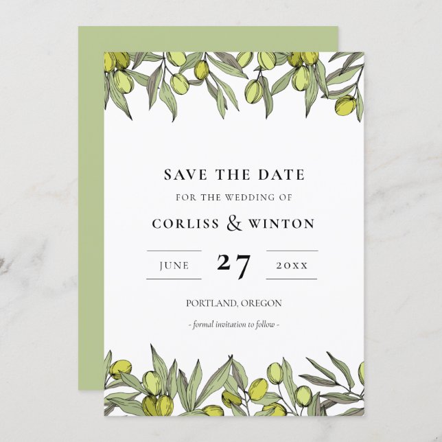 Modern Olive branches Save the date Invitation (Front/Back)