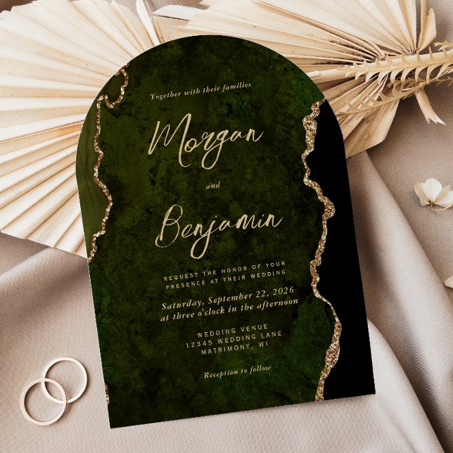 Modern Olive Green Agate Script Arch Wedding Invitation (Creator Uploaded)