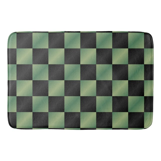 Modern Olive Green Black Gradient Checkered  Bath Mat (Front)