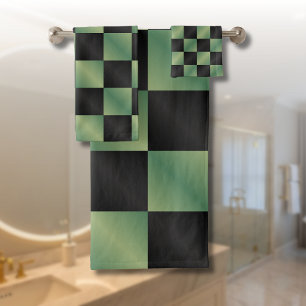 Modern Olive Green Black Gradient Checkered  Bath Towel Set