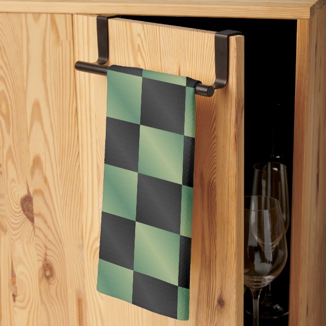 Modern Olive Green Black Gradient Checkered  Kitchen Towel (Thirds Fold)