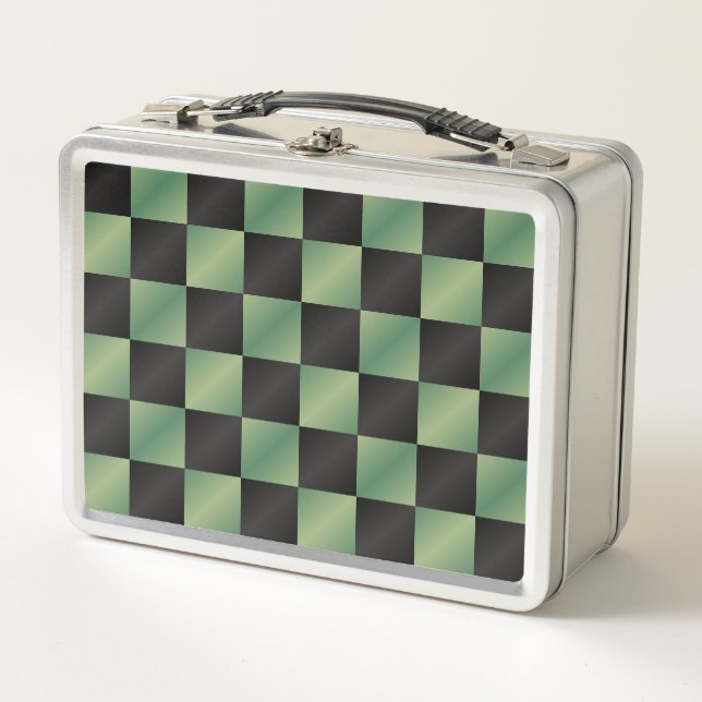 Modern Olive Green Black Gradient Checkered  Metal Lunch Box (Front)
