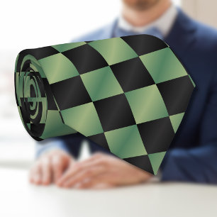 Modern Olive Green Black Gradient Checkered  Neck Tie