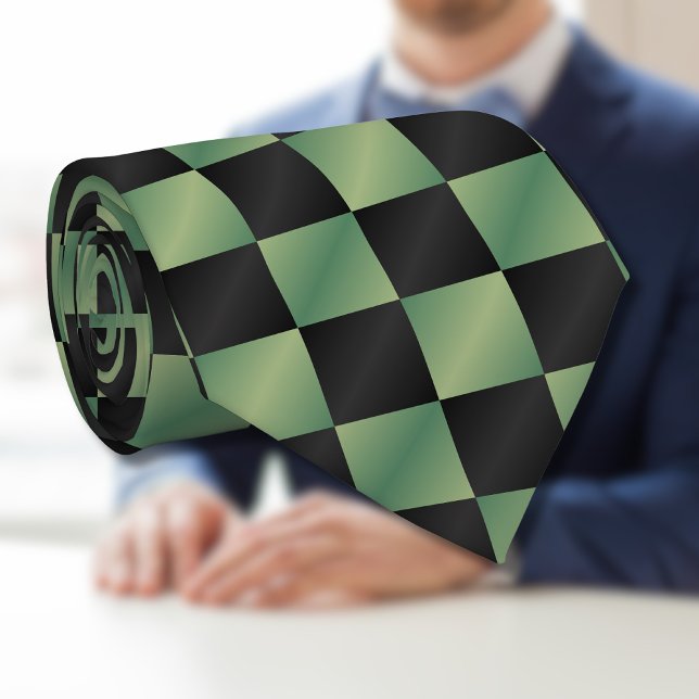 Modern Olive Green Black Gradient Checkered  Neck Tie (Creator Uploaded)