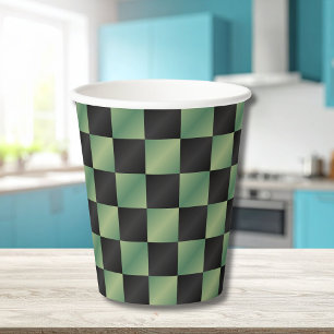 Modern Olive Green Black Gradient Checkered  Paper Cups