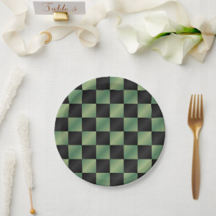 Modern Olive Green Black Gradient Checkered Paper Plates