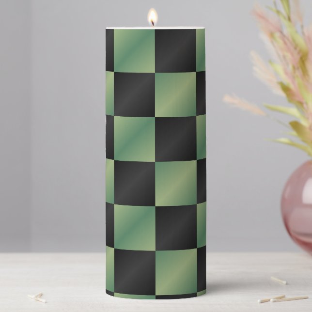 Modern Olive Green Black Gradient Checkered  Pillar Candle (In Situ)