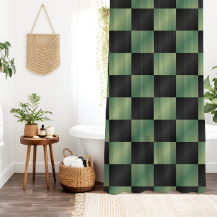 Modern Olive Green Black Gradient Checkered  Shower Curtain