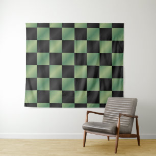 Modern Olive Green Black Gradient Checkered Tapestry