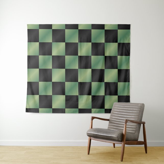 Modern Olive Green Black Gradient Checkered  Tapestry (In Situ (Horizontal))