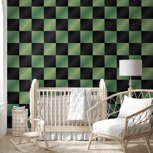 Modern Olive Green Black Gradient Checkered  Wallpaper (Kids)