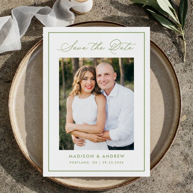 Modern Olive Green Border Script Photo Wedding Save The Date (Creator Uploaded)
