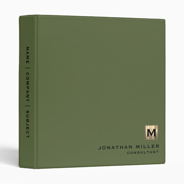 Modern Olive Green Brushed Gold Monogram 3 Ring Binder (Front/Spine)