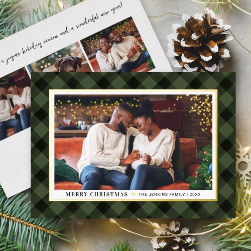 Modern Olive Green Buffalo Plaid Christmas Photo Foil Holiday Card