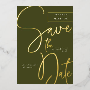 Modern Olive Green Calligraphy Save the Date Foil Invitation