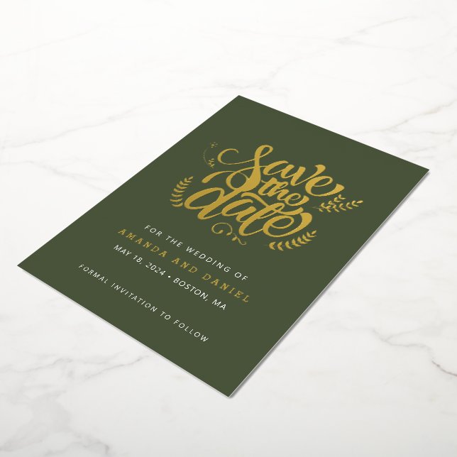 Modern Olive Green Calligraphy Script Wedding Foil Invitation (Rotated)