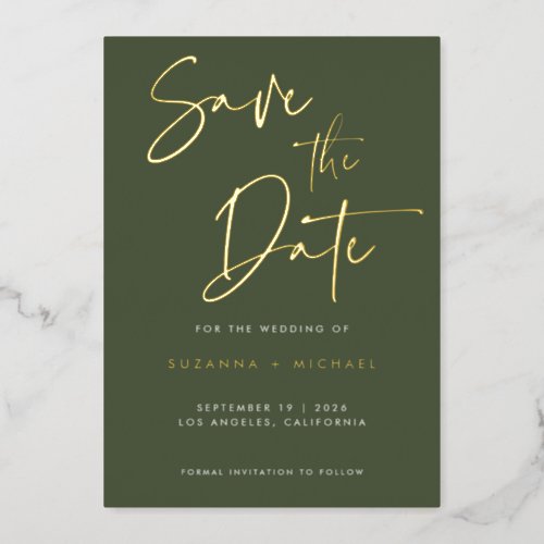 Modern Olive Green Calligraphy Script Wedding  Foil Invitation