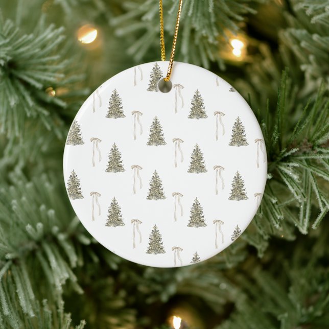 Modern Olive Green Christmas Trees & Bows  Ceramic Ornament (Creator Uploaded)
