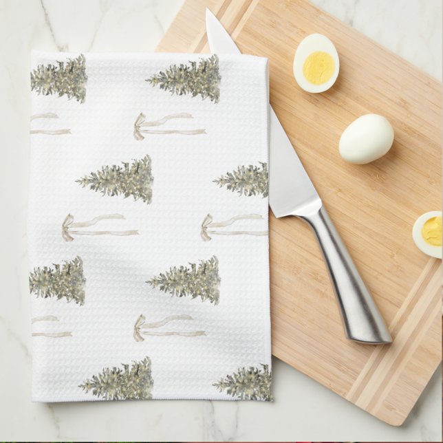 Modern Olive Green Christmas Trees & Bows  Kitchen Towel (Creator Uploaded)